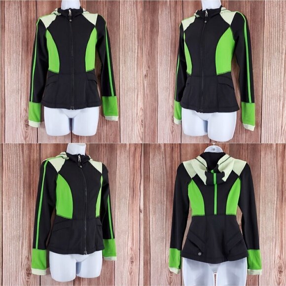 Lululemon Womens Sz 4 Studio Surf Jacket Black Green Full Zip Front Hood Pockets - Picture 1 of 14
